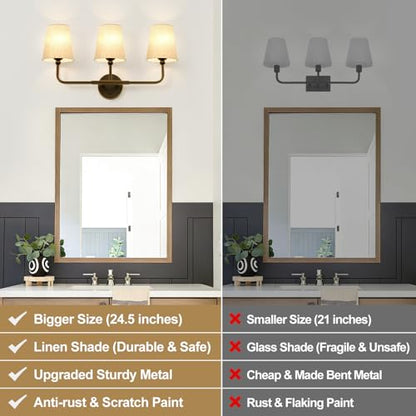 MOKATNG Bathroom Light Fixtures, 3-Light Oil-Rubbed Bronze Vanity Lights, Bathroom Lighting Fixtures Over Mirror with Flared Linen Shade, Modern Wall Sconces for Living Room Hallway - color: Oil-Rubbed Bronze & Beige Shade