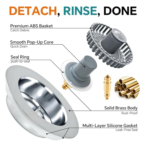 Solid Brass Body 3-in-1 Kitchen Sink Drain Strainer & Stopper, Heavy Duty Pop Up Plug Assembly with 2 Baskets, Anti-Clog Replacement for US Standard 3-1/2 Inch Drains, Rust-Proof Silver - color: Silver