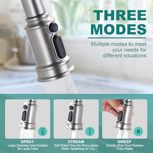 Brushed Nickel Bridge Kitchen Faucet: 3 Holes Kitchen Faucet with Pull Down Sprayer - Two Handles 8 Inch Centerset Kitchen Sink Faucet, 360° Swivel Spout - color: Brushed Nickel