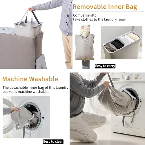 150L Laundry Hamper with Lid,Large Portable 2 Dividers Dirty Clothes Basket | with Handles for Bedroom Laundry Room Closet Bathroom College Dorm, Grey
