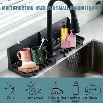 Sink Splash Guard Behind Faucet, 17" x 5.5" Silicone Faucet Drying Mat & Dish Sponge Holder, Fast Self-Draining Kitchen Sink Organizer with Adjustable Fit (Black) - color: Black