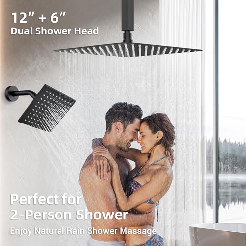Dasan Matte Black Dual Shower Heads System with Ceiling 12-Inch Rainfall Shower & Wall Mount 6-Inch High Pressure Shower Head, Full Body Dual Shower Set with Handheld Sprayer, 3-Function Shower Faucet - color: Matte Black