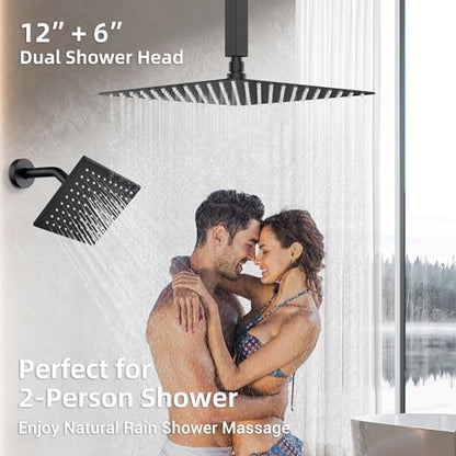 Dasan Matte Black Dual Shower Heads System with Ceiling 12-Inch Rainfall Shower & Wall Mount 6-Inch High Pressure Shower Head, Full Body Dual Shower Set with Handheld Sprayer, 3-Function Shower Faucet - color: Matte Black