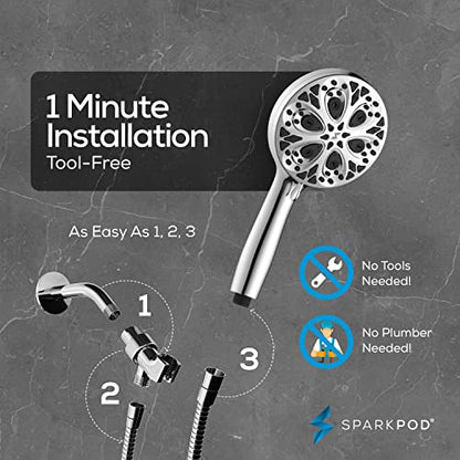SparkPod 10-Mode Handheld Shower Head, 5 Inch, Polished Chrome Finish | Power Jet Spray, ABS Body Won't Rust, 6 ft. Stainless Hose, Touch-to-Clean Nozzles