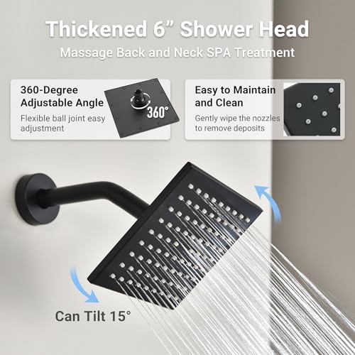 Dasan Matte Black Dual Shower Heads System with Ceiling 12-Inch Rainfall Shower & Wall Mount 6-Inch High Pressure Shower Head, Full Body Dual Shower Set with Handheld Sprayer, 3-Function Shower Faucet - color: Matte Black