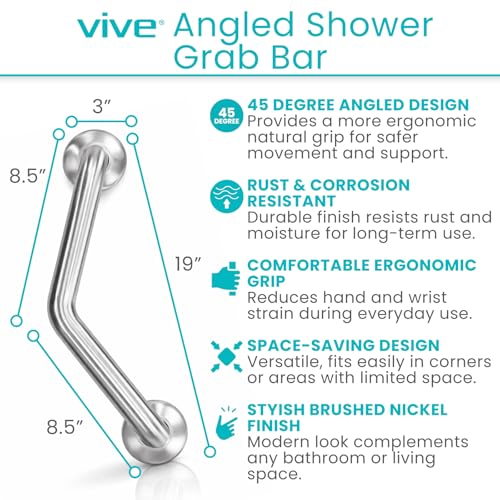 Vive Angled Shower Grab Bar (Supports 440lbs) - ADA Compliant Tub | Bathroom, Bathtub Safety Assist Rail for Handicap, Seniors, Elderly - 16in Grip Handle for Bath and Toilet - Brushed Nickel
