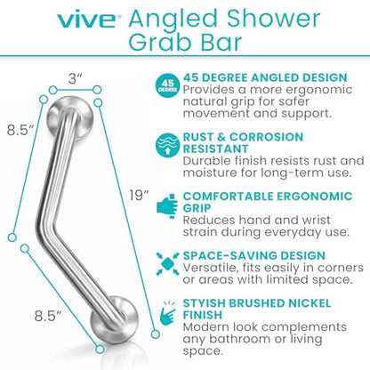 Vive Angled Shower Grab Bar (Supports 440lbs) - ADA Compliant Tub | Bathroom, Bathtub Safety Assist Rail for Handicap, Seniors, Elderly - 16in Grip Handle for Bath and Toilet - Brushed Nickel