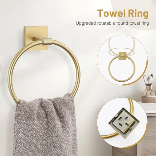Towel Ring Set 4 Piece Bathroom Hardware Set Includes Towel Ring 2 Towel Hooks and Toilet Paper Holder Stainless Steel Wall Mounted (Brushed Gold) - color: Brushed Gold, size: Set C