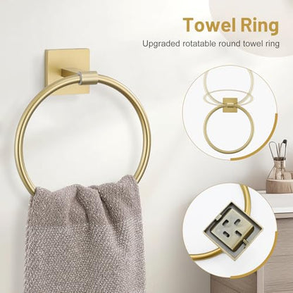 Towel Ring Set 4 Piece Bathroom Hardware Set Includes Towel Ring 2 Towel Hooks and Toilet Paper Holder Stainless Steel Wall Mounted (Brushed Gold) - color: Brushed Gold, size: Set C