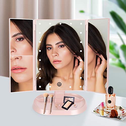 Trifold Lighted Vanity Makeup Mirror with 21 LED Lights,1x/2x/3x Magnification and Touch Screen Dimming,Two Power Supplies Makeup Mirror, Gift for Women - color: Pink