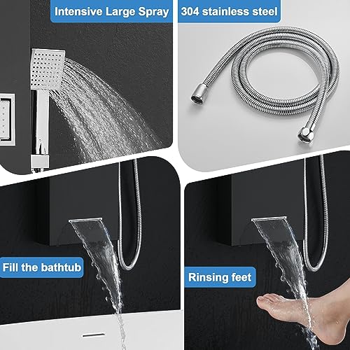 ROVOGO Shower Panel Tower System with Led Lights - Battery Powered, 46.5" | Rainfall Waterfall Shower Head, 2 Body Jets, Handheld and Tub Spout, Stainless Steel Shower Column with Brass Valves, Black - color: Black-2 jets