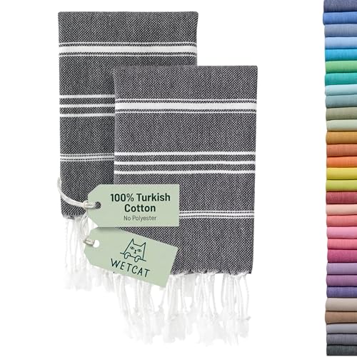 WETCAT Turkish Hand Towels with Hanging Loop, Set of 2 (20" x 30") 100% Turkish Cotton, Pre-Washed, Quick Drying, for Kitchen or Bathroom - Black - color: Black