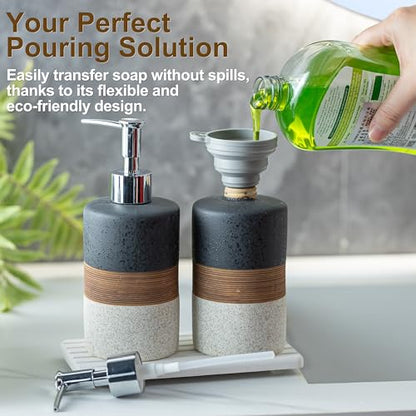 Ceramic Dish Soap Dispensers Set of 2 for Kitchen Sink and Bathroom | Hand Soap and Lotion Dispenser Set, Shampoo and Conditioner Bottles | with Stainless Steel Pump, Silicone Funnel, Tray, Black - color: Black and White, size: 2xSoap Dispenser Set with T