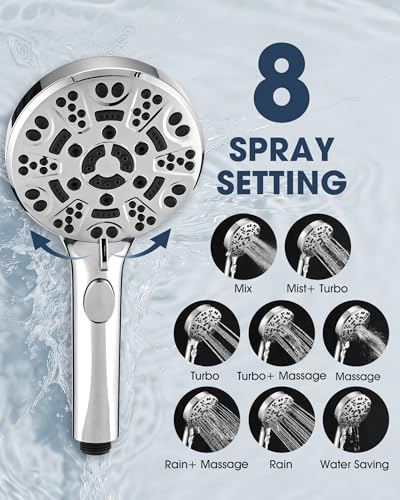 Handheld Shower Head with 6.56ft Extra Long Hose, On Off Switch 8-Seting High Preesure Hand Held Showerhead, Low-Reach Adhesive Holder for Kid, Disable& Elder (Chrome) - color: Chrome