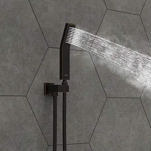 SunCleanse Rainfall Shower System with High Pressure in Oil Rubbed Bronze | Ceiling mounted shower combo set featuring a 10" square rain head, handheld spray, and rough-in mixer valve with trim. - color: Oil Rubbed Bronze, style: 10-ceiling