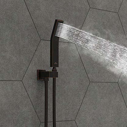 SunCleanse Rainfall Shower System with High Pressure in Oil Rubbed Bronze | Ceiling mounted shower combo set featuring a 10" square rain head, handheld spray, and rough-in mixer valve with trim. - color: Oil Rubbed Bronze, style: 10-ceiling