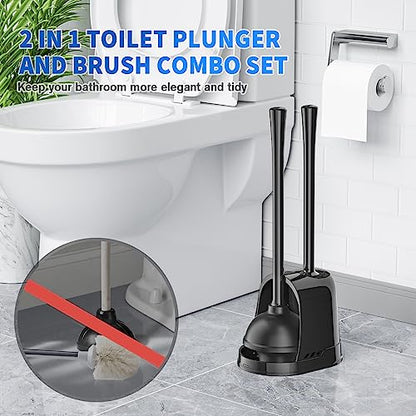 Toilet Plunger and Brush, Bowl Brush and Heavy Duty Toilet Plunger Set with Ventilated Holder, 2-in-1 Toilet Brush and Plunger Combo for Bathroom Cleaning (Black)