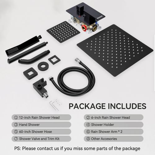 Shower System Shower Faucet Set, STARBATH 12"+6" Wall Mount Rain Shower Head and Handheld Spray for Two Person, Rainfall Shower System with Diverter Valve and Trim Kit Complete,Matte Black - color: Matte Black, size: 12"+6"-1