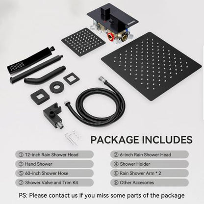 Shower System Shower Faucet Set, STARBATH 12"+6" Wall Mount Rain Shower Head and Handheld Spray for Two Person, Rainfall Shower System with Diverter Valve and Trim Kit Complete,Matte Black - color: Matte Black, size: 12"+6"-1