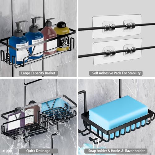 DAOYA Over the Shower Head Caddy with 2 Baskets & Soap Holder, Non-Slip Design for 0.82-Inch Showers, Black, Stainless Steel - color: Black, size: XL