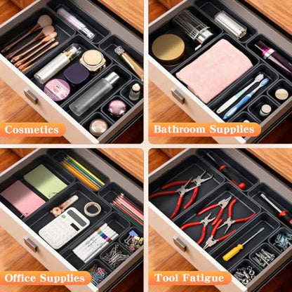 Kutesna 8PCS Plastic Interlocking Drawer Organizer, 3 Sizes Desk Organizer | Versatile Storage Trays, Versatile Plastic Storage Bins for Makeup Vanity, Jewelries, Kitchen Utensils, Bathroom and Office