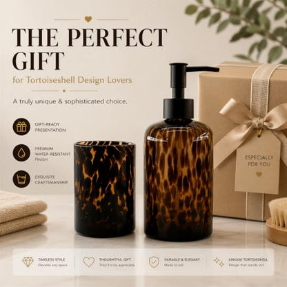 Tortoise Shell Bathroom Accessories | Tortoise Shell Soap Dispenser with Toothbrush Holder | Leopard & Cheetah Bathroom Accessories | Brown Bathroom Decor | Amber Glass Soap Dispenser with Black Pump