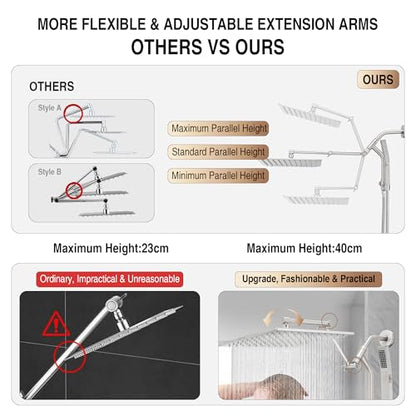 All Metal 12 Inch Rain Shower Head with Handheld Built-in Power Wash Mode, High Pressure Waterfall Rainfall Square Shower Heads with 16" Adjustable Extension Arm, Dual Showerhead(Brushed Nickel) - color: Brushed Nickel, size: 12 Inch