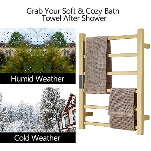 Gold Heated Towel Warmer Rack Bathroom Accessories, Wall Mounted Electric Heated Towel Rail 6 Bars Stainless Steel Electric Drying Racks with Timer, Home Towel Warmer Radiator, Hardwired