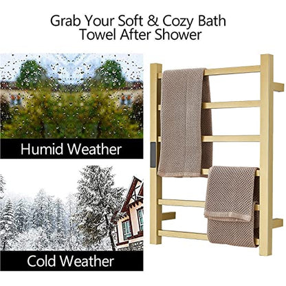 Gold Heated Towel Warmer Rack Bathroom Accessories, Wall Mounted Electric Heated Towel Rail 6 Bars Stainless Steel Electric Drying Racks with Timer, Home Towel Warmer Radiator, Hardwired