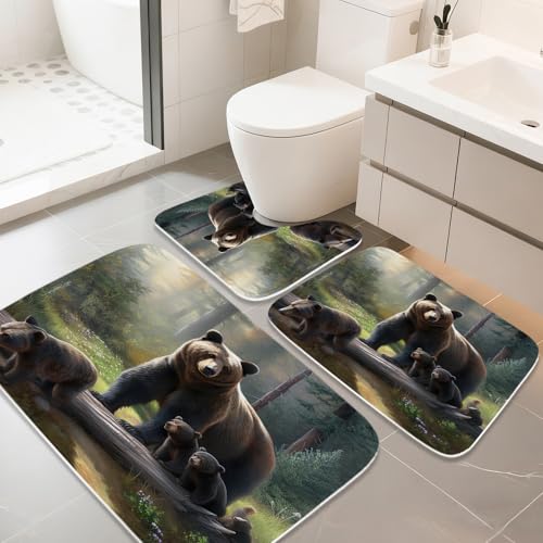 Cute Bear Forest Aesthetic Bathroom Rugs and Mats Sets 3 Piece, Memory Foam Bath Mat, U-Shaped Contour Shower Mat Non Slip Absorbent, Velvet Washable 20 x 31 inch Black and Green - color: Color17