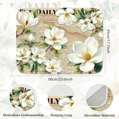 1Pc White Magnolia Dish Drying Mat 23.6 X 17.7 Inch/60 X 45 Cm Vintage Floral Dishes Drainer Mat Magnolia Absorbent Draining Pad Heat Resistant Coffee Bar Counter Mat With Hanging Loop - style: Vintage magnolia