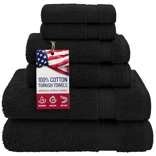 American Veteran Towel, 100% Cotton Turkish 6 Piece Towel Set, Luxury Towels Set of 6 for Bathroom Essentials, 2 Bath Towels 2 Hand Towels 2 Washcloths, Black - color: Black, size: XL 6PC