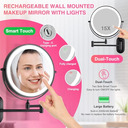 Magnifying Mirror with Lights 1x/15x Rechargeable | 8.5 inch Wall Mounted Lighted Makeup Mirror for Bathroom - color: Black