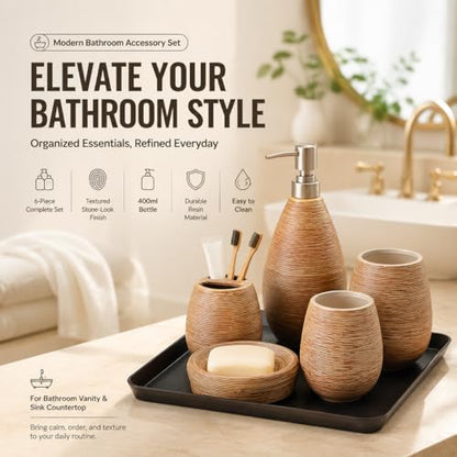 Bathroom Ceramic Accessories Set, 6 Piece Bathroom Set with Including Soap Dispenser Mouthwash Cup Soap Dish Toothbrush Holder Tray (Brown) - color: Brown