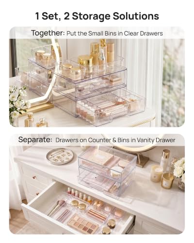 Vtopmart 12-Pack Clear Makeup Organizer Set with Drawer Organizer Bins | 2 Pack Stackable Storage Drawers & 10 Pack Drawer Organizer for Vanity Cosmetic, Bathroom Countertop, Desk - style: 2pack Wide Drawers with bins