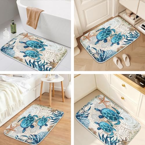 Nautical Sea Turtles Blue Ocean Beach Bathroom Rugs and Mats Sets 3 Piece, Memory Foam Bath Mat, U-Shaped Contour Shower Mat Non Slip Absorbent, Velvet Washable 20 x 31 inch - color: Color1