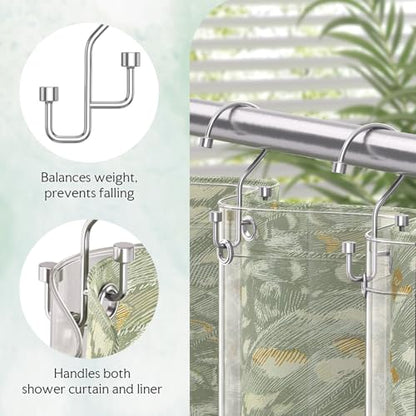 Bathway 12-Pack Double Shower Curtain Hooks, Rust-Resistant Metal Shower Curtain Rings with High-Low Design to Separate Liner & Curtain, Smooth Glide, Chrome - color: Chrome