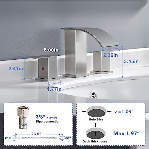 Bathroom Faucet 3 Holes Nickel - 8Inch Waterfall Bathroom Sink Faucet | Two Handles Widespread Lavatory Vanity Sink Faucets with Pop-up Drain Assembly & Supply Lines Brushed Nickel - color: A-Brushed Nickel 8In