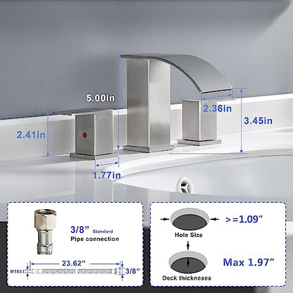 Bathroom Faucet 3 Holes Nickel - 8Inch Waterfall Bathroom Sink Faucet | Two Handles Widespread Lavatory Vanity Sink Faucets with Pop-up Drain Assembly & Supply Lines Brushed Nickel - color: A-Brushed Nickel 8In