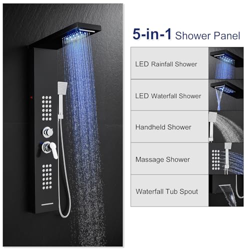 ROVATE 5 in 1 LED Rainfall Waterfall Shower Panel Tower System, Black | High Pressure Stainless Steel Shower Column with Tub Spout, Powerful Body Jets, Flexible Handheld, Brass Mixing Valve Body - style: 5 Modes-Black-2 Jets