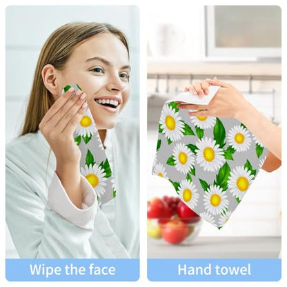 White Daisies Washcloths Towels, Highly Absorbent and Soft Cotton Face Cloths, 2 Pack Quick Dry Wash Cloths - 12 X 12 Inches