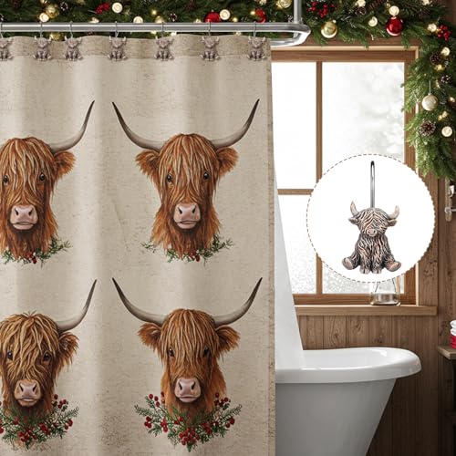 Roowest 12 Pcs Highland Cow Shower Curtain Hooks Western Shower Curtain Hooks Stainless Steel Rust Resistant Rings Hangers for Winter Farmhouse Rustic Bathroom Decor - style: Highland Cow
