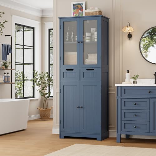 HORSTORS 67" H Bathroom Storage Cabinet, Blue Linen Cabinet with Drawers | Freestanding Bathroom Cabinet with Glass Door & Shelf, Modern Tall Storage Cabinet for Bathroom, Living Dining Room, Kitchen - color: Blue