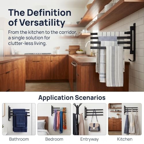 Black Aluminum Swivel Towel Bar, Wall Mounted 180 Degree Rotating Multi-Arm Towel Rack with Bottom Hook for Bathroom Kitchen(3-Arm) - size: 3-Arm