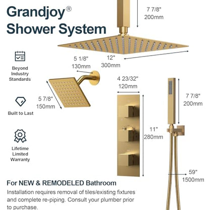 3-Function Thermostatic Shower System with Dual Rainfall Heads, Handheld Sprayer Brushed Gold - color: Brushed Gold