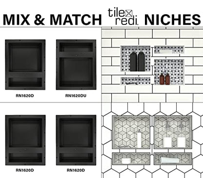 Tile Redi USA Niche Double Recessed Shower Shelf – Black, Two Inner Shelves with Divider, 16-Inch Width x 20-Inch Height x 4-Inch Depth (RN1620D-BI) - size: 20" H x 16" W (2 Shelves)