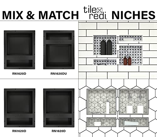 Tile Redi USA Niche Double Recessed Shower Shelf – Black, Two Inner Shelves with Divider, 16-Inch Width x 20-Inch Height x 4-Inch Depth (RN1620D-BI) - size: 20" H x 16" W (2 Shelves)