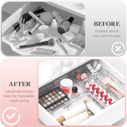 DILIBRA 16 Pcs Clear Extendable Drawer Organizer, Adjustable Drawer Storage | 3-Size Desk Drawer Organizer, Plastic Non-Slip Storage Bins for Makeup Cosmetic Jewelries Utensils Stationery Dressers Tool - size: 3Pcs Large + 5Pcs Medium + 8Pcs Small
