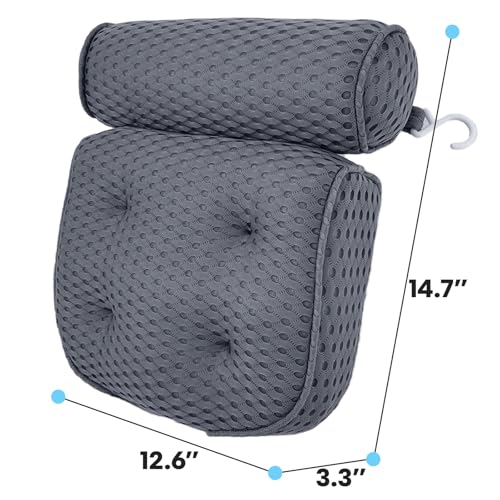 AEROiVi Luxury Bath Pillows for Tub Soft Mesh Strong 6 Suction Cups Gray | Bath Pillow with laundry bag head and neck support Relaxing Bath Washable Quick-Dry Bath Accessories Spa Gifts - color: Gray