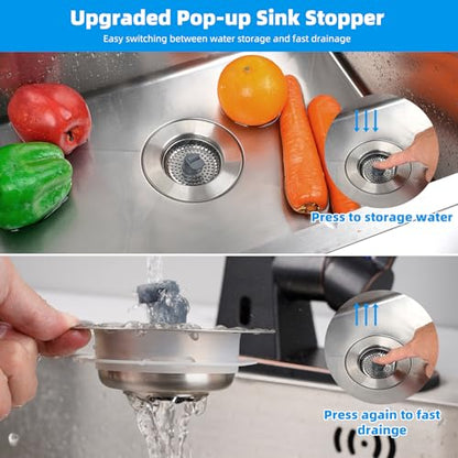 Hibbent 3 in 1 Kitchen Sink Drain Strainer, Stainless Steel Wrapped Shell Drain Stopper Combo, Pop Up Sink Stopper, 3 Anti-Clogging Metal Basket Strainer with Handle for US Standard 3-1/2" Drain - style: SUS304 Drain Part with 3 SUS304 Strainers
